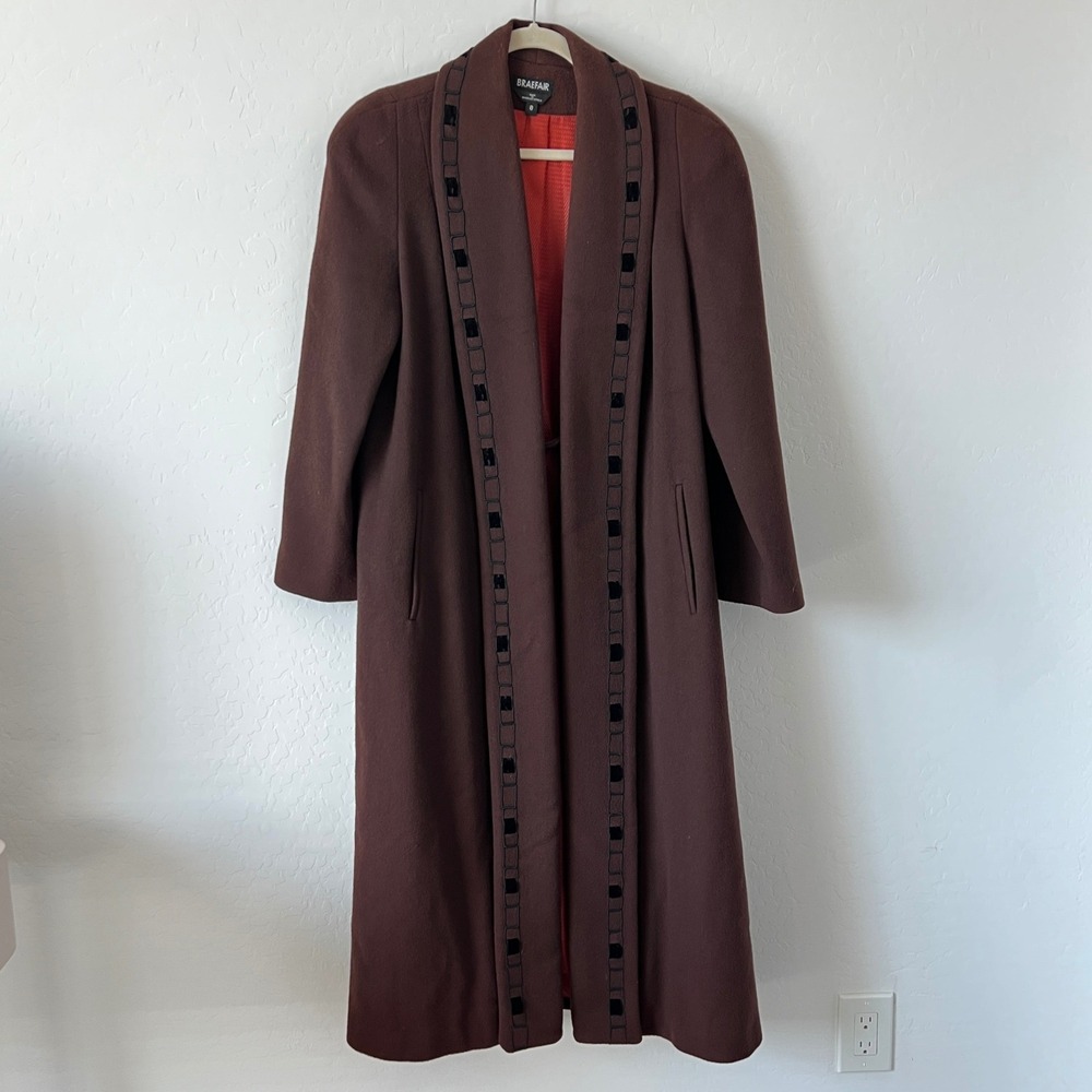 Braefair Wool Open Front Coat Womens Size 8 Brown Velvet Trim Long Duster